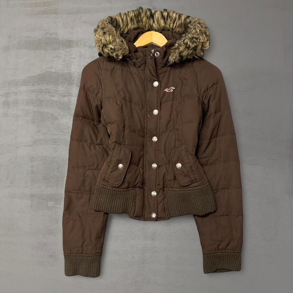 Y2K Hollister Puffer Jacket Brown Faux Fur Hood Quilted Bomber Coat Glam Large